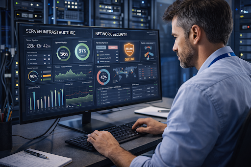 T administrator reviewing server infrastructure and network security dashboard for large-scale digital testing deployment